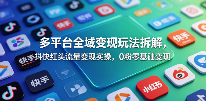 多平台全域变现玩法拆解，抖快红头流量变现实操，0粉零基础变现-huitchan网创