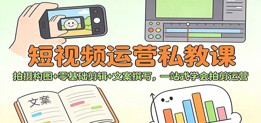 短视频运营私教课：拍摄构图+零基础剪辑 +文案撰写，一站式学会拍剪运营-huitchan网创