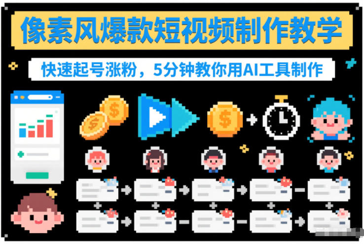 像素风爆款短视频制作教学，快速起号涨粉，5分钟教你用AI工具制作-huitchan网创