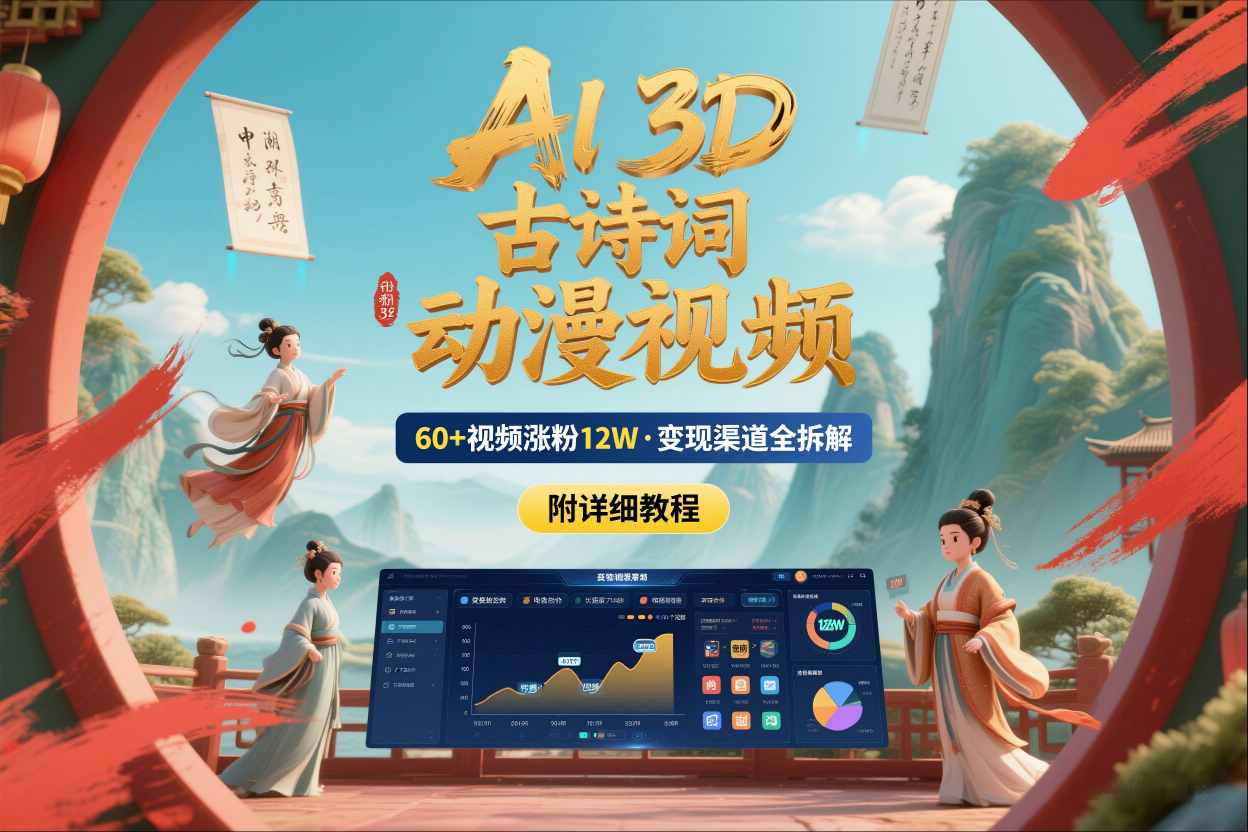 AI制作3D古诗词动漫视频，60多个视频涨粉12W，多个变现渠道拆解【附详细教程】-huitchan网创