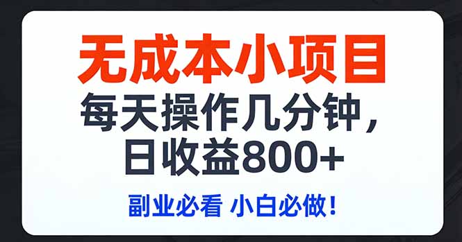 无成本小项目,每天操作几分钟,日收益800+ 副业必看 小白必做！-huitchan网创