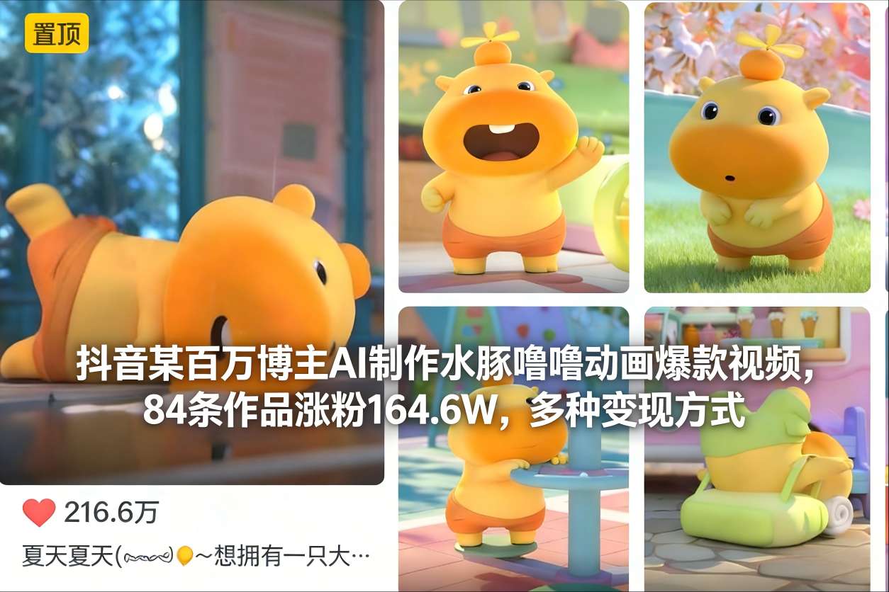 抖音某百万博主AI制作水豚噜噜动画爆款视频，84条作品涨粉164.6W，多种变现方式-huitchan网创