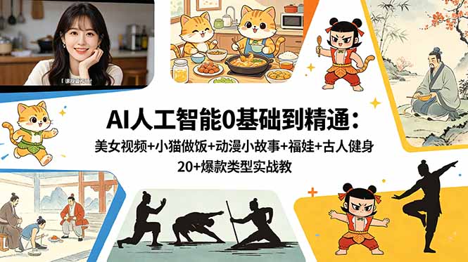 AI人工智能0基础到精通：美女视频+小猫做饭+动漫小故事+福娃+古人健身，20+爆款类型实战教学-huitchan网创