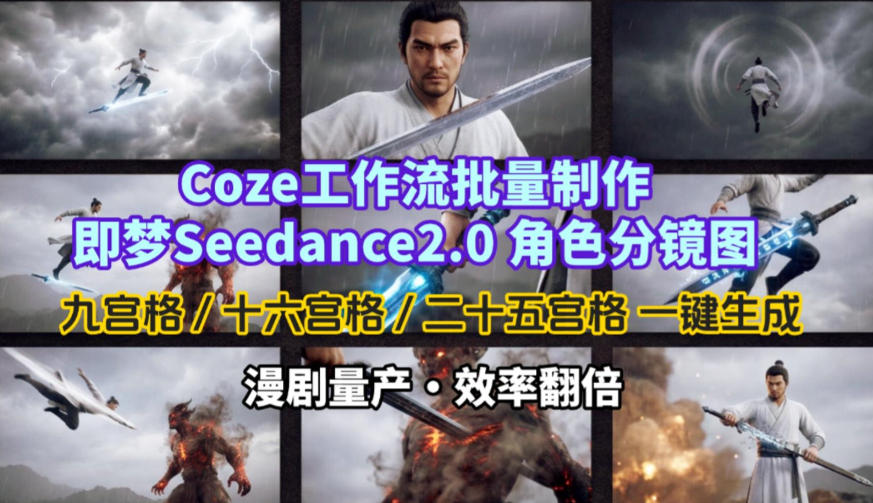 Coze工作流批量制作即梦Seedance2.0角色分镜图，九宫格-十六宫格-二十五宫格一键生成，漫剧量产，效率翻倍-huitchan网创