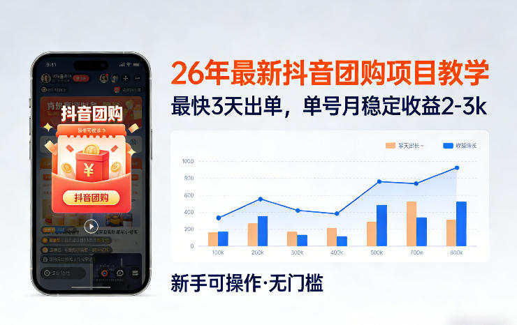 26年最新抖音团购项目教学，0门槛，最快3天出单，单号月稳定收益2-3k-huitchan网创