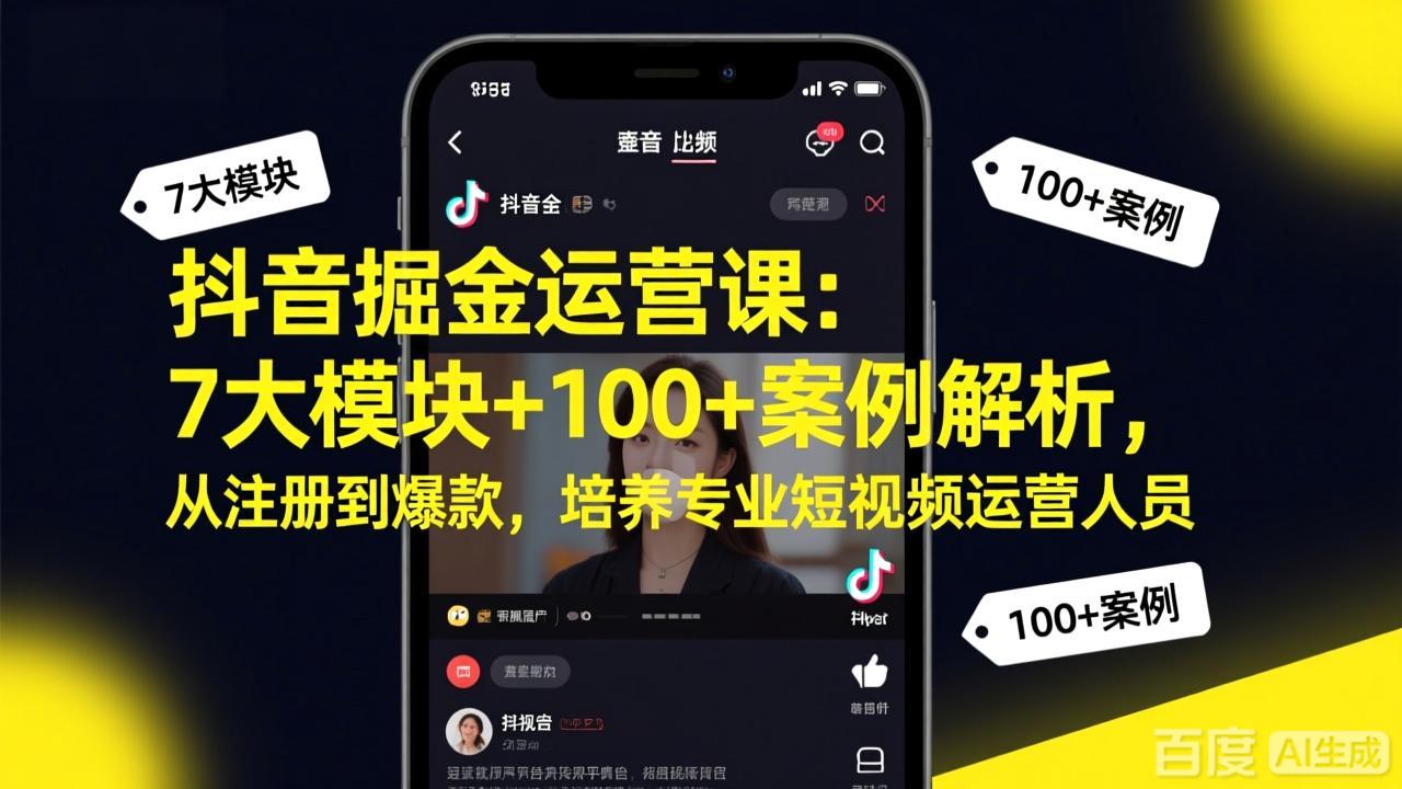 抖音掘金运营课：7大模块+100+案例解析，从注册到爆款，培养专业短视频运营人员-huitchan网创