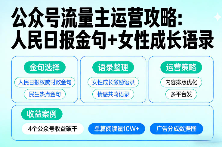 利用人民日报金句+女性成长语录做公众号流量主，4个公众号收益破千-huitchan网创