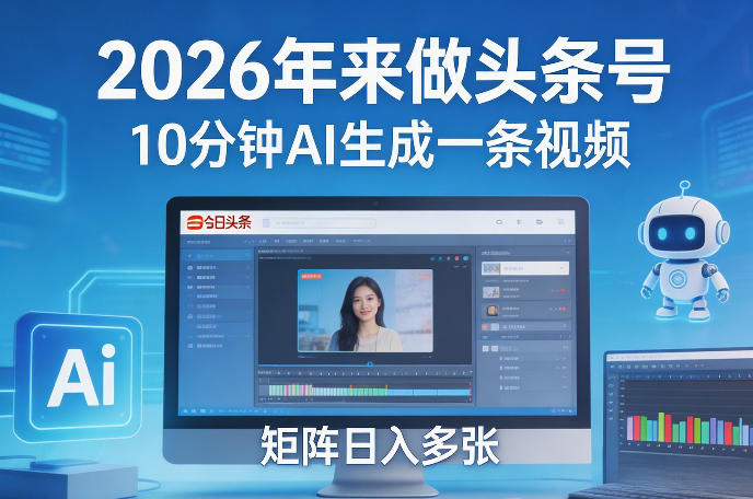 2026年来做头条号，10分钟AI生成一条视频，矩阵日入多张-huitchan网创