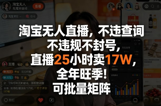 淘宝无人直播，不违规不封号，直播25小时卖17W，全年旺季！可批量矩阵【揭秘】-huitchan网创