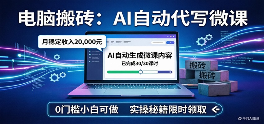 电脑搬砖AI自动代写微课，月稳定2W，0门槛小白可做，实操秘籍-huitchan网创