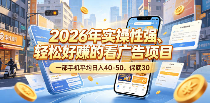 2026年实操性强、轻松好賺的看广告项目，一部手机平均日入40-50，保底30米【揭秘】-huitchan网创