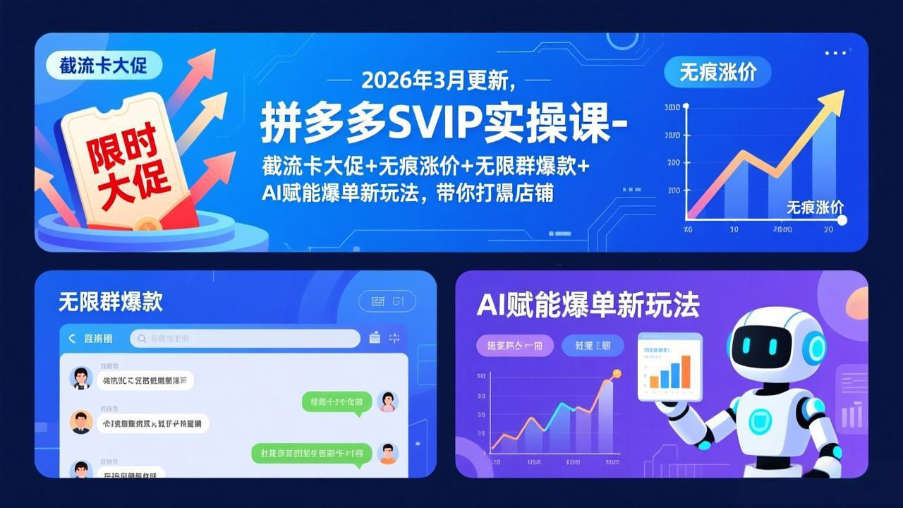 拼多多SVIP实操课-26年3月，截流卡大促+无痕涨价+无限群爆款+AI赋能爆单新玩法，带你打爆店铺-huitchan网创