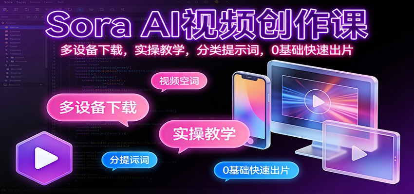 Sora AI视频创作课：多设备下载，实操教学，分类提示词，0基础快速出片-huitchan网创
