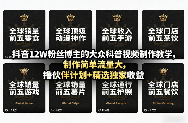 抖音12W粉丝博主的大众科普视频制作教学，制作简单流量大，撸伙伴计划+精选独家收益-huitchan网创