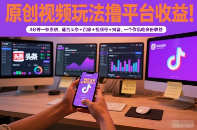 原创视频玩法撸平台收益，3分钟一条原创，适合头条+百家+视频号+抖音，一个作品吃多份收益-huitchan网创