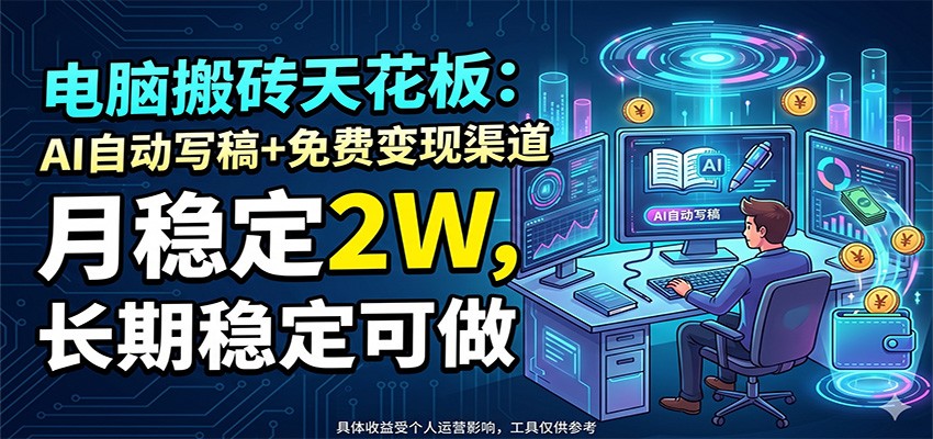 电脑搬砖天花板：AI自动写稿+免费变现渠道，月稳定2W，长期稳定可做-huitchan网创