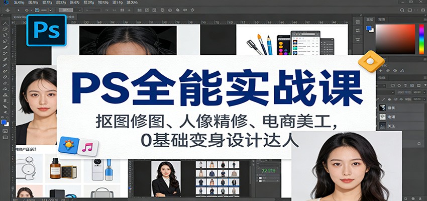 PS全能实战课：抠图修图、人像精修、电商美工，0基础变身设计达人-huitchan网创