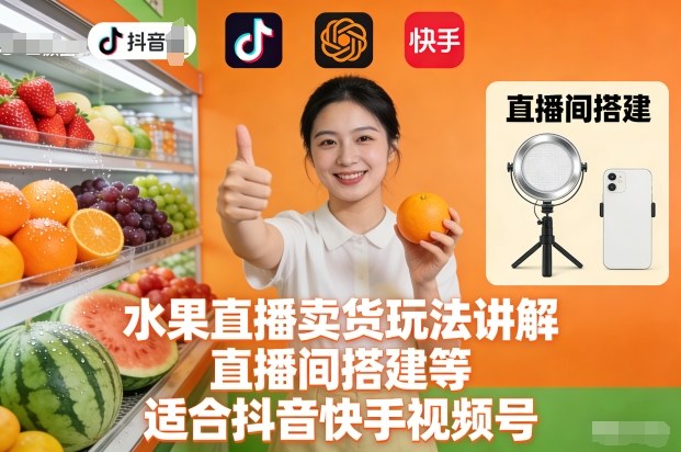 水果直播卖货玩法讲解、直播间搭建等，适合抖音快手视频号-huitchan网创