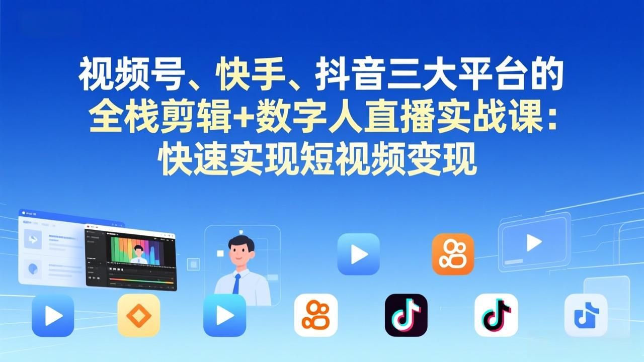 视频号+快手+抖音三大平台的全栈剪辑+数字人直播实战课-3月更新：快速实现短视频变现-huitchan网创