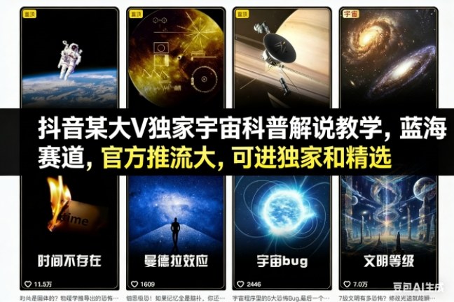 抖音某大V独家宇宙科普解说教学，蓝海赛道，官方推流大，可进独家和精选-huitchan网创