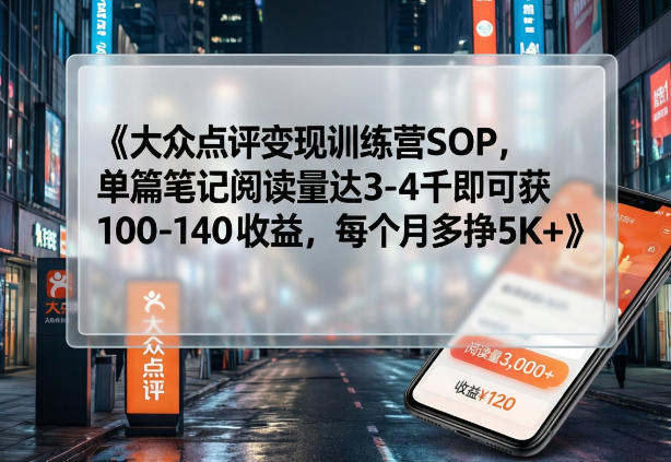 大众点评变现训练营SOP，单篇笔记阅读量达3-4千即可获100-140收益，每个月多挣5K+-huitchan网创