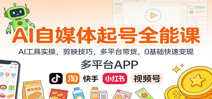 AI自媒体起号全能课：AI工具实操，剪映技巧，多平台带货，0基础快速变现-huitchan网创