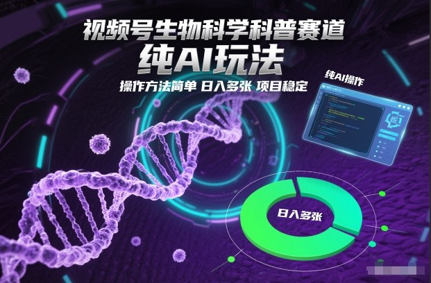 视频号生物科学科普赛道，纯AI玩法，操作方法简单，日入多张，项目稳定-huitchan网创