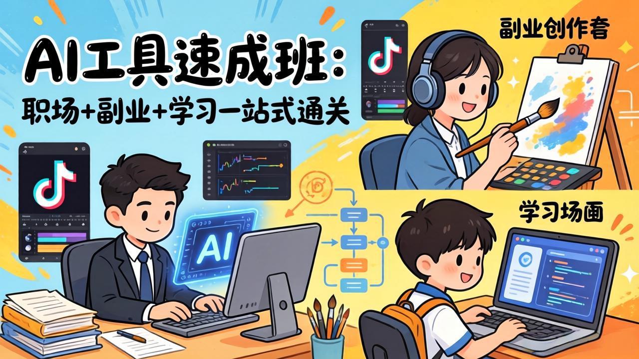 AI工具速成班：职场+副业+学习一站式通关，20+爆款类型+剪映技巧+抖音算法，0基础快速上手-huitchan网创