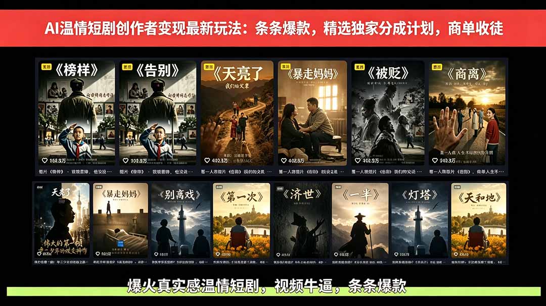 AI温情短剧创作者变现最新玩法：视频牛逼，条条爆款，精选独家分成计划，商单收徒-huitchan网创