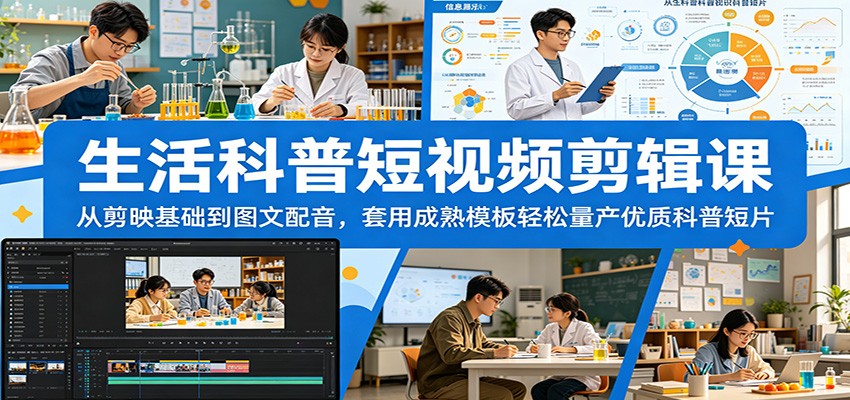 生活科普短视频剪辑课：从剪映基础到图文配音，套用成熟模板轻松量产优质科普短片-huitchan网创