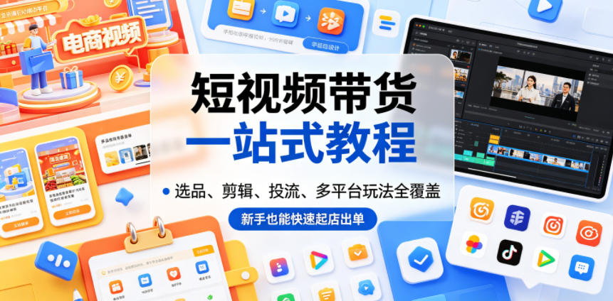 短视频带货一站式教程，选品、剪辑、投流、多平台玩法全覆盖，新手也能快速起店出单-huitchan网创