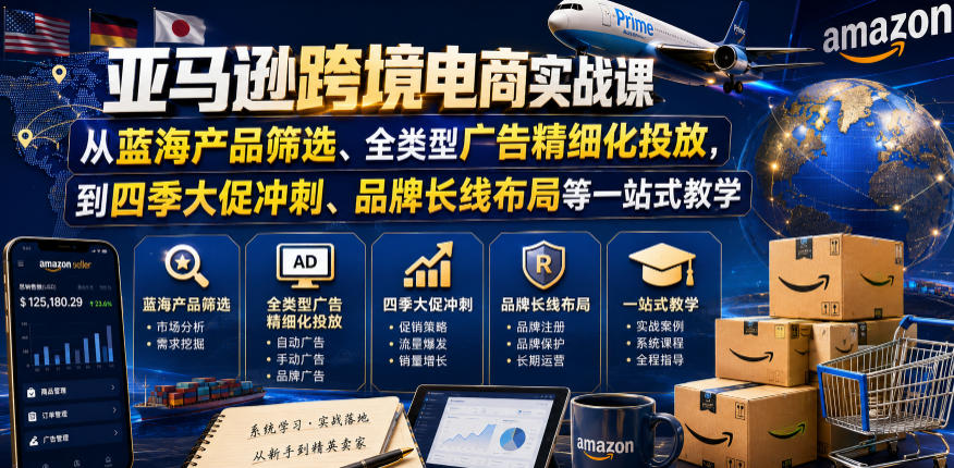 亚马逊跨境电商实战课，从蓝海产品筛选、全类型广告精细化投放，到四季大促冲刺、品牌长线布局等一站式教学-huitchan网创