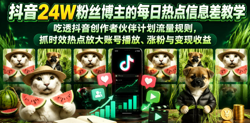 抖音24W粉丝博主的每日热点信息差教学，吃透创作者伙伴计划流量规则，抓时效热点放大账号播放、涨粉与变现收益-huitchan网创