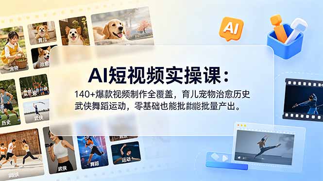 AI短视频实操课：140+爆款视频制作全覆盖，育儿宠物治愈历史武侠舞蹈运动，零基础也能批量产出-huitchan网创