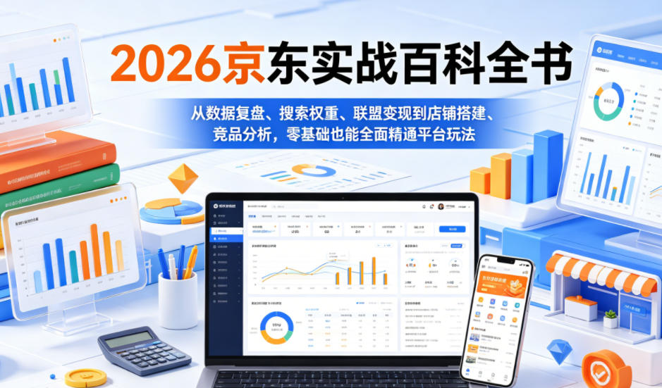 2026京东实战百科全书，从数据复盘、搜索权重、联盟变现到店铺搭建、竞品分析，零基础也能全面精通平台玩法-huitchan网创