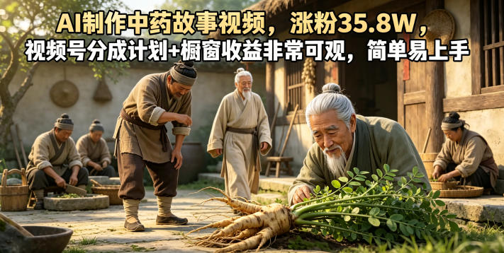 AI制作中药故事视频，涨粉35.8W，视频号分成计划+橱窗收益非常可观，简单易上手-huitchan网创