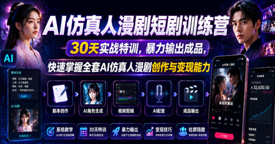 AI仿真人漫剧短剧训练营，30天实战特训，暴力输出成品，快速掌握全套AI仿真人漫剧创作与变现能力-huitchan网创