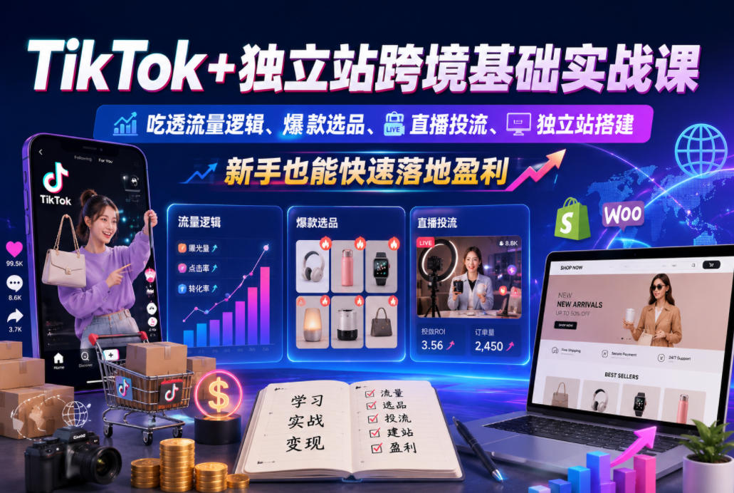 TikTok+独立站跨境基础实战课，吃透流量逻辑、爆款选品、直播投流与独立站搭建，新手也能快速落地盈利-huitchan网创