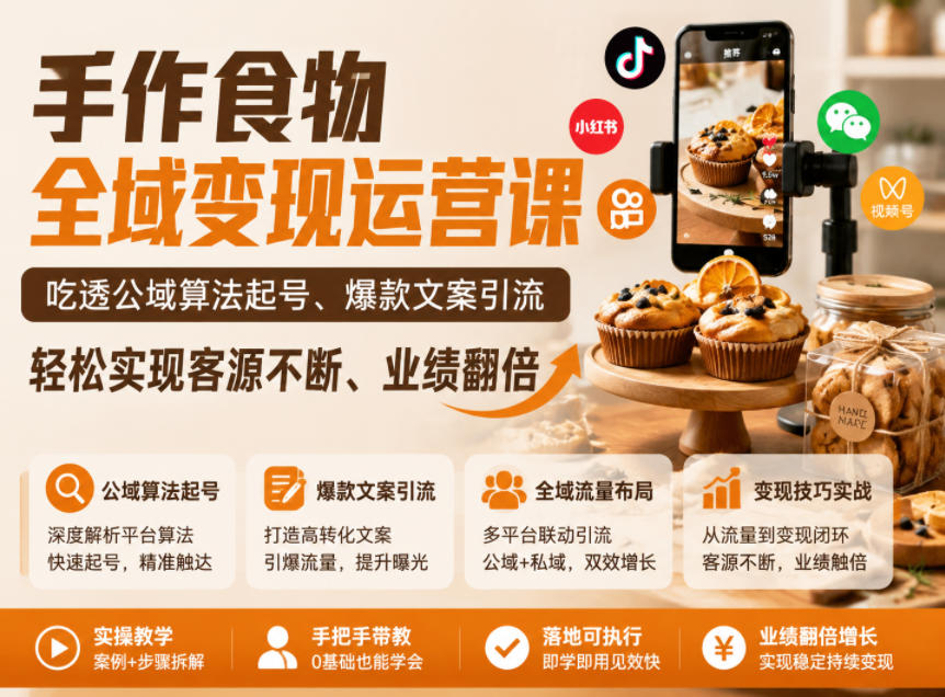 手作食物全域变现运营课，吃透公域算法起号、爆款文案引流，轻松实现客源不断、业绩翻倍-huitchan网创