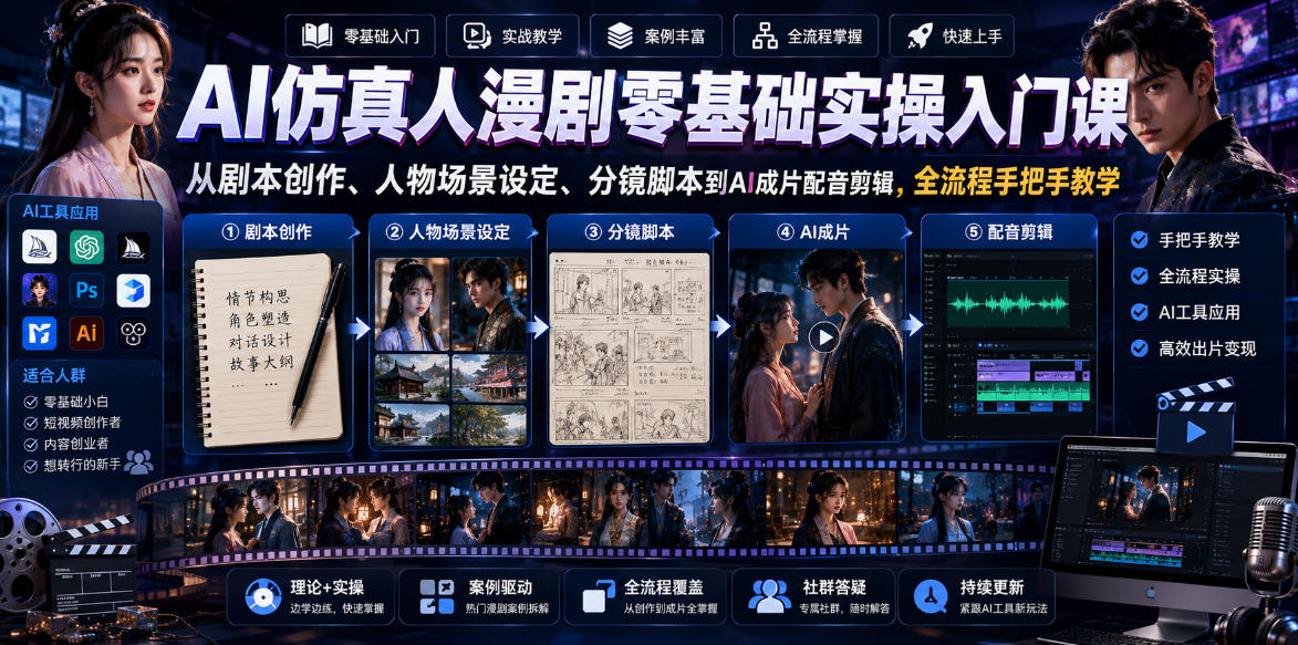 AI仿真人漫剧零基础实操入门课，从剧本创作、人物场景设定、分镜脚本到AI成片配音剪辑，全流程手把手教学-huitchan网创