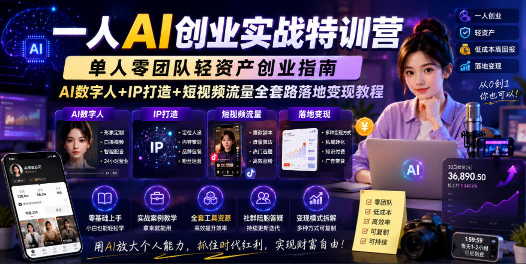 一人AI创业实战特训营，单人零团队轻资产创业指南，AI数字人+IP打造+短视频流量全套路落地变现教程-huitchan网创