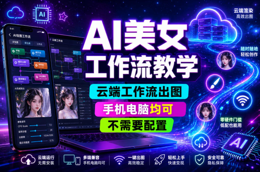 AI美女工作流教学，云端工作流出图，手机电脑均可，不需要配置，快速起号涨粉-huitchan网创
