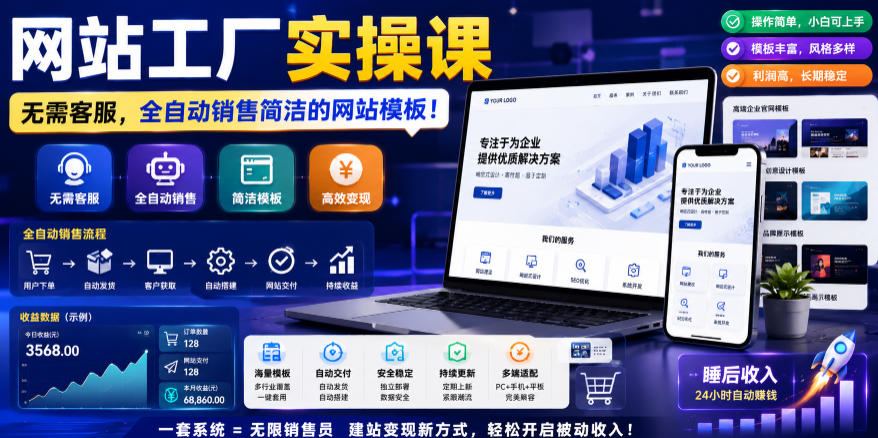 网站工厂实操课，无需客服，网站模板自动赚钱！【原创双语字幕】-huitchan网创