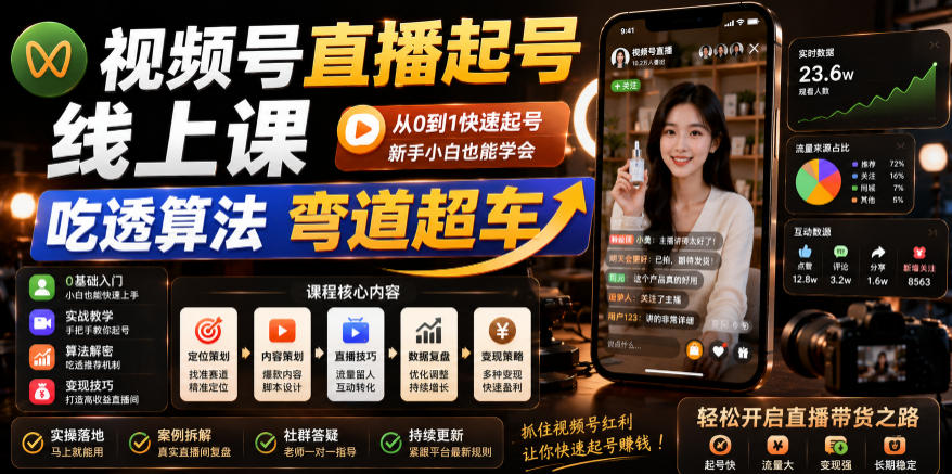 视频号直播起号线上课，吃透算法弯道超车(2026年6月)-huitchan网创