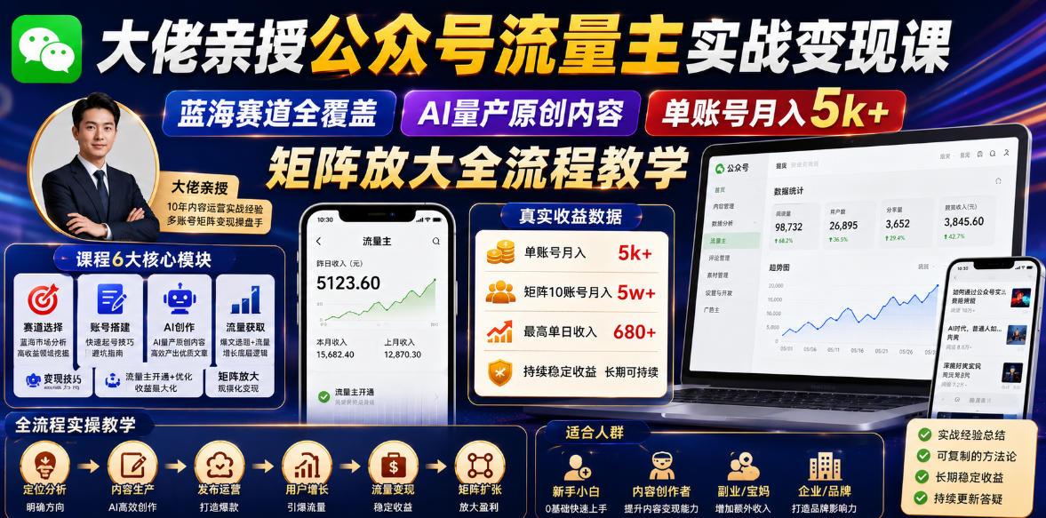 大佬亲授公众号流量主实战变现课，蓝海赛道全覆盖，AI量产原创内容，单账号月入5k+矩阵放大全流程教学-huitchan网创