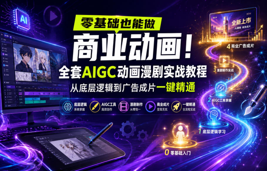 零基础也能做商业动画！全套AIGC动画漫剧实战教程，从底层逻辑到广告成片一键精通-huitchan网创