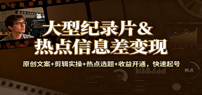 大型纪录片&热点信息差变现：原创文案+剪辑实操+热点选题+收益开通，快速起号-huitchan网创
