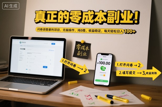 真正的零成本副业！问卷调查暴利项目，无脑操作，纯0撸，收益稳定，每天轻松日入100+【揭秘】-huitchan网创