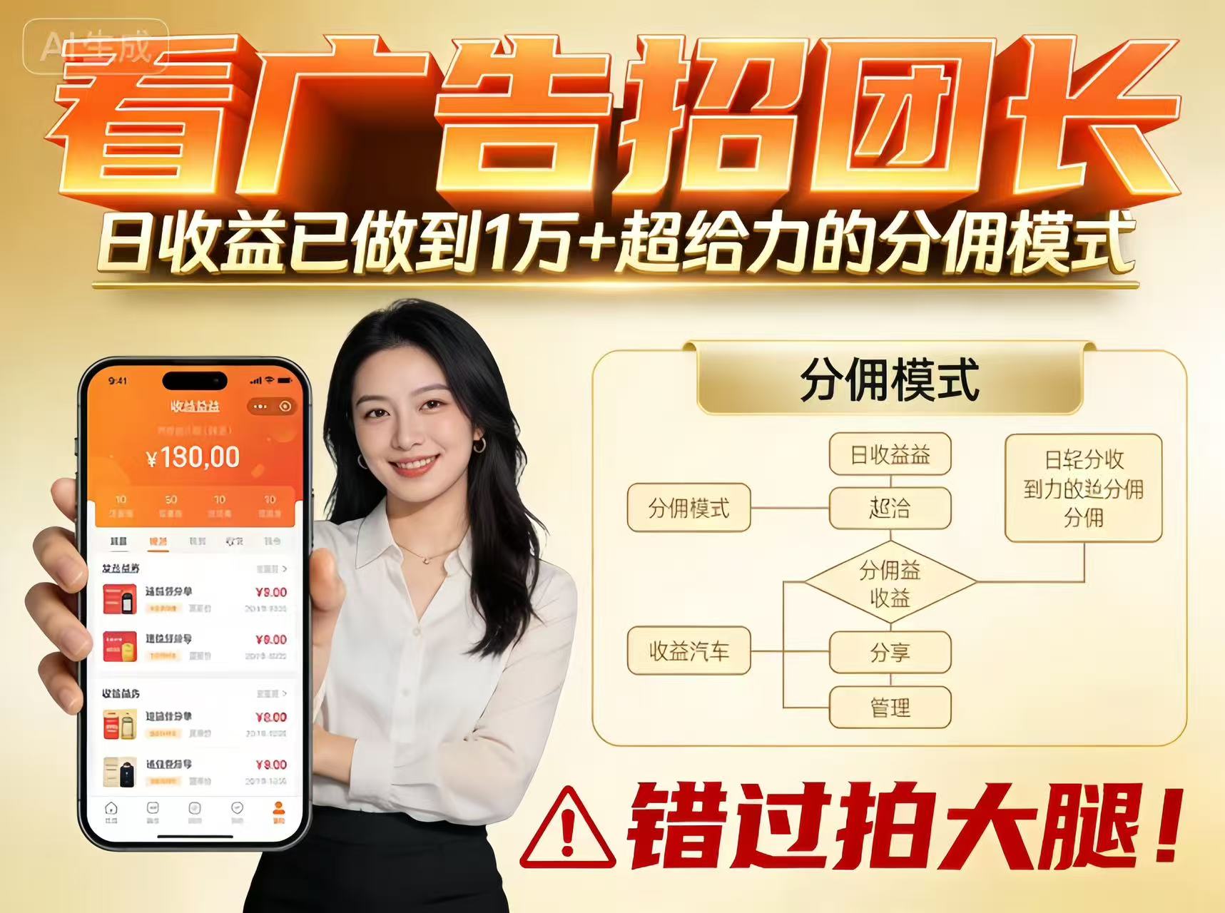 看广告招团长，团队收益已做到日入1万，分佣模式超给力，错过拍大腿-huitchan网创