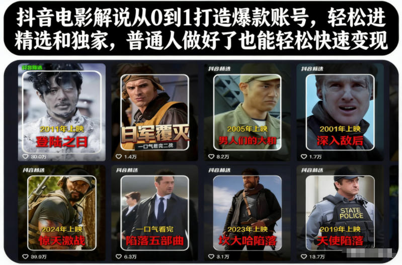 抖音电影解说从0到1打造爆款账号，轻松进精选和独家，普通人做好了也能轻松快速变现-huitchan网创